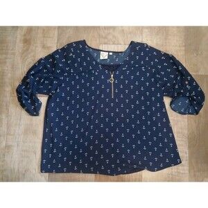 Janet Chung Women's Blue Anchor w/ Zipper & Roll Tab Sleeve Blouse Top Size 3X
